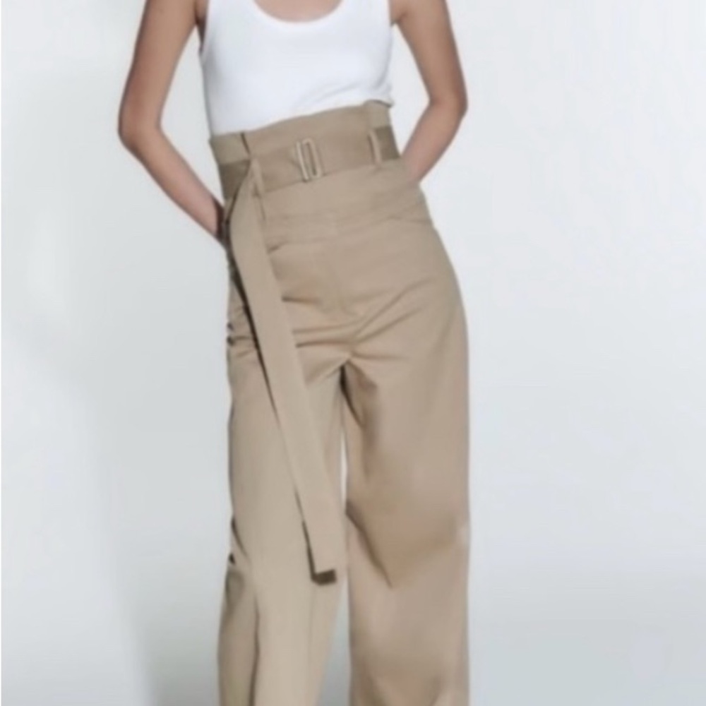 NWOT Zara Khaki wide leg high waisted belted pant size M